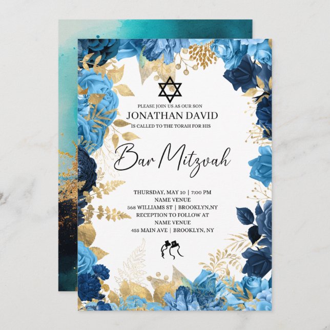 Bar Mitzvah\Bat Mitzvah,Birthday,Blue Gold Star Einladung (Vorne/Hinten)