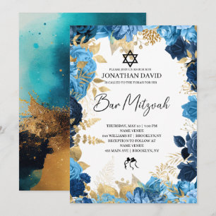Bar Mitzvah\Bat Mitzvah,Birthday,Blue Gold Star Einladung