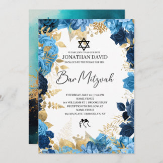 Bar Mitzvah\Bat Mitzvah,Birthday,Blue Gold Star Einladung