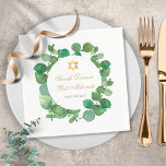 Bar Mitzvah Bat Mitzvah Watercolor Grüne Serviette<br><div class="desc">Mit zarten Aquarellfarben-Blätter und einem eleganten Goldstar von David,  können diese eleganten Bar- oder Fledermaus-Mitzvah-Papierservietten mit Ihren speziellen Event-Informationen personalisiert werden. Entwickelt von Thisisnotme©</div>