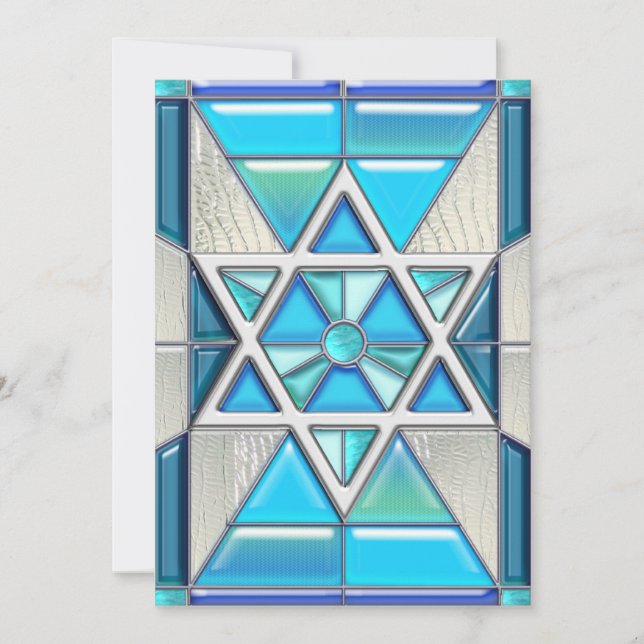 Bar Mitzvah beflecktes Glas u. Silber-Davidsstern Einladung (Vorderseite)