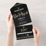 Bar Mitzvah Black Gold Foil Script Tallit Modern All In One Einladung<br><div class="desc">Seien Sie stolz, freuen Sie sich und präsentieren Sie diesen Meilenstein Ihres Lieblings-Bar Mitzvah! Versenden Sie diese atemberaubende, moderne, maßgeschneiderte All-in-One-Einladung für eine Veranstaltung, an die Sie sich erinnern können. Graphische Imitate Goldfolienkalligraphie-Skript, Star of David, und handgezeichnete tallisierte Linien überlagern einen reichen, dramatischen, schwarzen Hintergrund. Dieses All-in-One-Produkt ist eine einzigartige...</div>