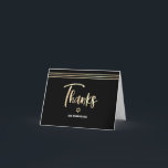 Bar Mitzvah Black Gold Foil Script Tallit Modern Dankeskarte<br><div class="desc">Vergewissern Sie sich, dass Ihr Lieblings-Bar Mitzvah zeigt seine Wertschätzung für alle, die seine Meilenstein-Veranstaltung unterstützt! Versenden Sie diese coole, einzigartige, moderne, personalisierte Dankeschön-Karte. Graphische Imitate Goldfolienkalligraphie-Skript, Star of David, und handgezeichnete tallisierte Linien überlagern einen reichen, dramatischen, schwarzen Hintergrund. Personalisieren Sie den benutzerdefinierten Text mit dem Namen Ihres Bar Mitzvah...</div>