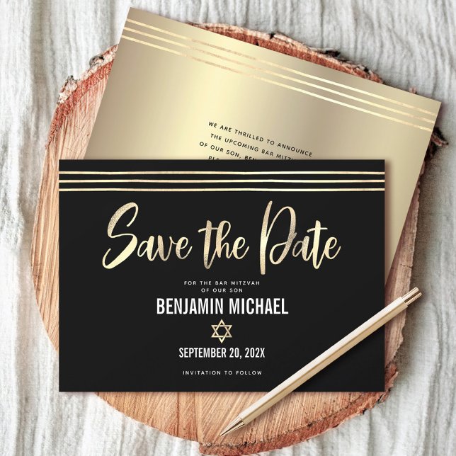 Bar Mitzvah Black Gold Foil Script Tallit Modern Save The Date (Von Creator hochgeladen)
