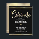 Bar Mitzvah Black Gold Foil Tallit Script Modern Begleitkarte<br><div class="desc">Seien Sie stolz, freuen Sie sich und präsentieren Sie diesen Meilenstein Ihres Lieblings-Bar Mitzvah! Fügen Sie diese atemberaubende, moderne, personalisierte Einlage für zusätzliche Informationen zu Ihrer Veranstaltung ein. Graphische Imitate Goldfolienkalligraphie-Skript, Star of David, und handgezeichnete tallisierte Linien überlagern einen reichen, dramatischen, schwarzen Hintergrund. Ein Imitat goldener Star von David und...</div>