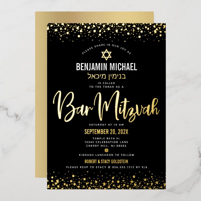 Bar Mitzvah Black Modern Script Stylish Real Gold Folieneinladung (Vorderseite/Rückseite)