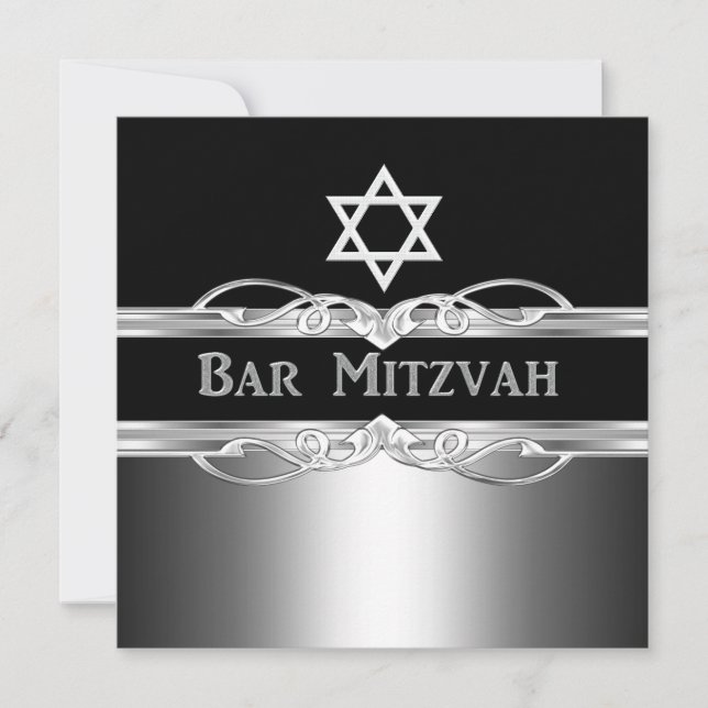 Bar Mitzvah Black Silver Metal Boy 2 Einladung (Vorderseite)