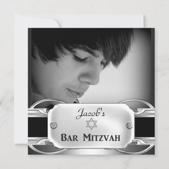 Bar Mitzvah Black Silver Metal männlich Einladung (Vorderseite)