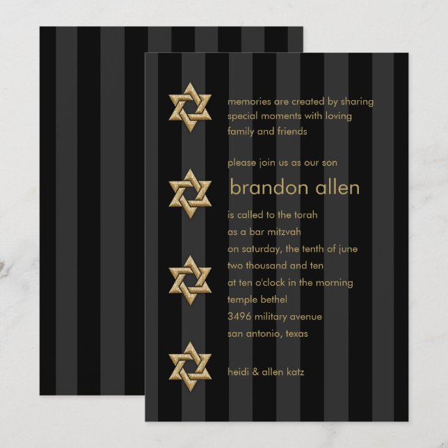 Bar Mitzvah Black Strip Gold Star Einladung (Vorne/Hinten)