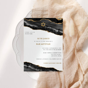 Bar Mitzvah Black und Gold Agate Border Moderne Einladung
