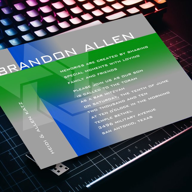Bar Mitzvah Blau und Grün für jede Farbe Einladung (Von Creator hochgeladen)