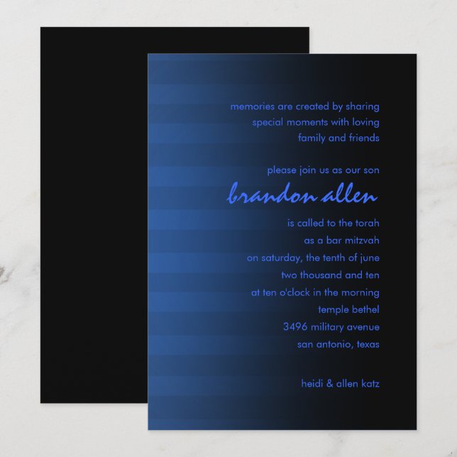 Bar Mitzvah Blau und Schwarz Horizontaler Streifen Einladung (Vorne/Hinten)
