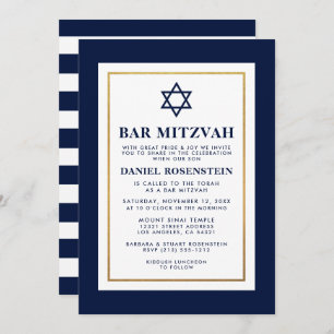 Bar Mitzvah Blau und Weiß Streifen Gold Einladung