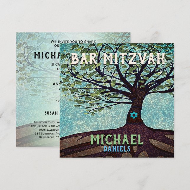Bar Mitzvah Blauer und Grüner Baum des Lebens Einladung (Vorne/Hinten)