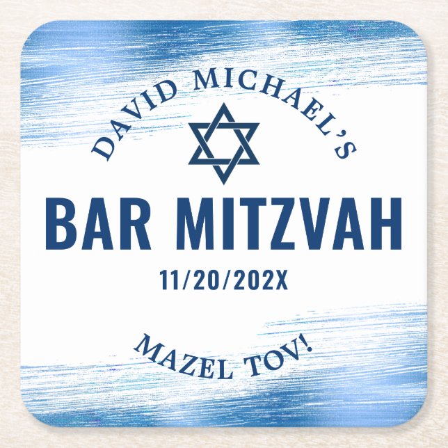 Bar Mitzvah Blue Foil Navy Typografy Modern Bold Rechteckiger Pappuntersetzer (Vorderseite)