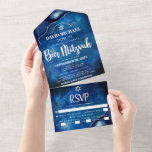 Bar Mitzvah Blue Galaxy Agate Watercolor Script All In One Einladung<br><div class="desc">Seien Sie stolz, freuen Sie sich und präsentieren Sie diesen Meilenstein Ihres Lieblings-Bar Mitzvah! Versenden Sie diese coole, einzigartige, moderne, maßgeschneiderte All-in-One-Einladung für eine Veranstaltung, an die Sie sich erinnern können. Die Typografie der weißen Schrift und der Star of David überlagern einen tiefblauen, galaxischen Aquarellhintergrund mit Stahlblau-Age mit silbernen Imitaten...</div>