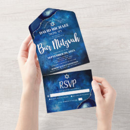 Bar Mitzvah Blue Galaxy Watercolor Agate Script All In One Einladung