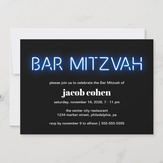 Bar Mitzvah Blue Neon Lights Einladung (Vorderseite)