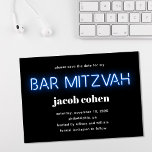 Bar Mitzvah Blue Neon Lights Save the Date Einladung<br><div class="desc">Coole moderne Bar mitzvah Ankündigung Datum freihalten mit "Bar mitzvah" in blau leuchtenden Neonleuchten auf schwarzem Hintergrund.</div>