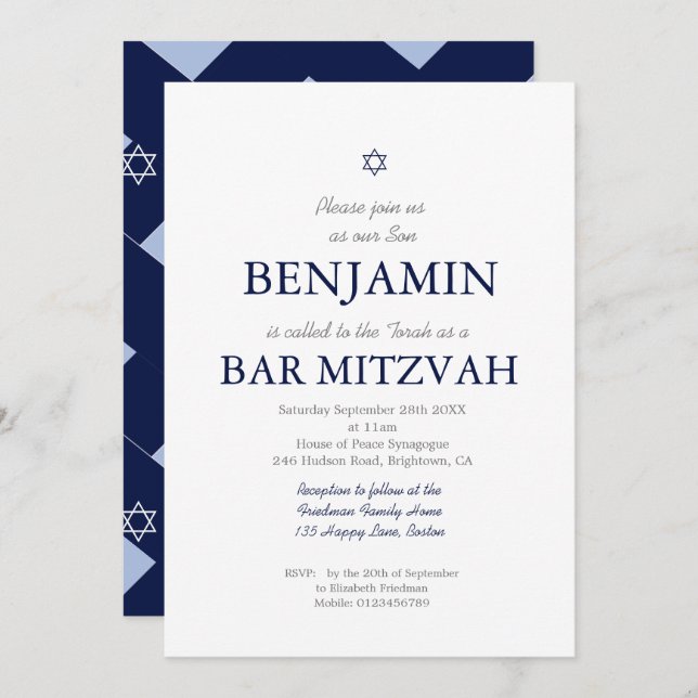 Bar Mitzvah Blue Pattern Star von David Jewish Einladung (Vorne/Hinten)