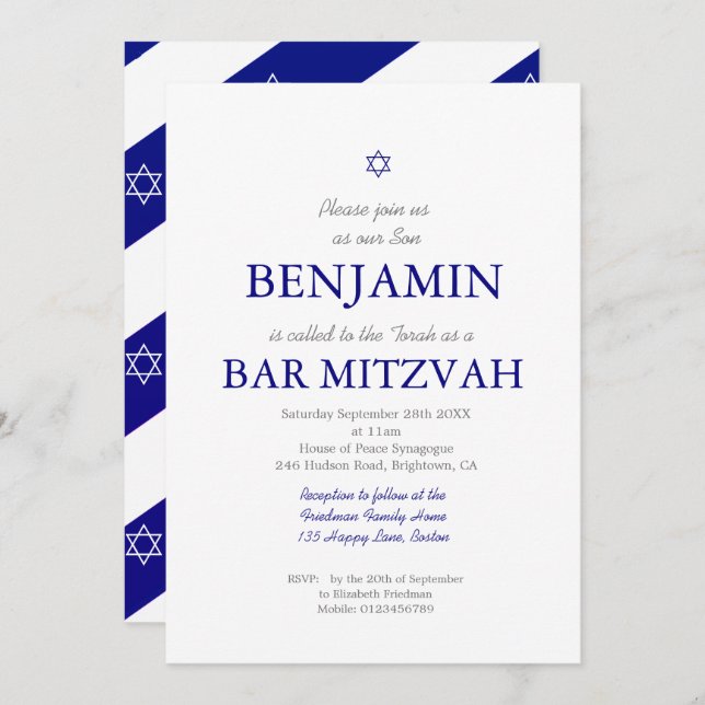 Bar Mitzvah Blue Pattern Star von David Jewish I Einladung (Vorne/Hinten)