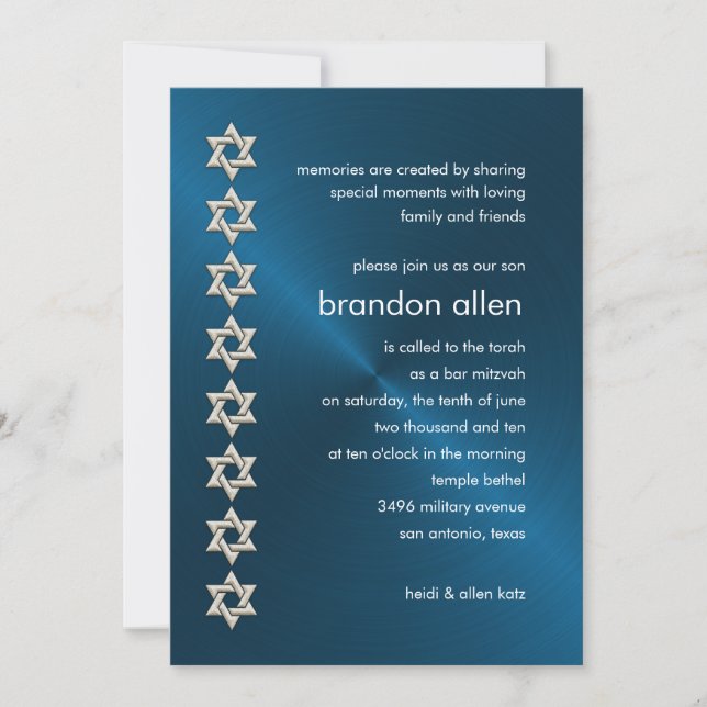 Bar Mitzvah Blue Sheen Silver Stars von David Einladung (Vorderseite)