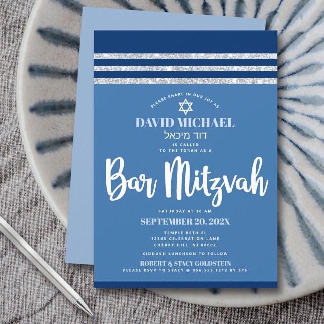 Bar Mitzvah Blue Silver Tallit Modernes, feines Sc Einladung (Von Creator hochgeladen)
