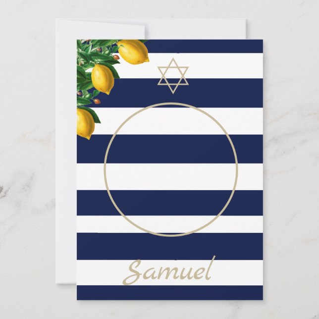 Bar Mitzvah Blue Stripe Modernes Foto Star von Dav Einladung (Rückseite)