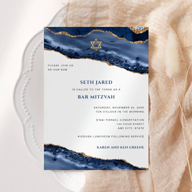 Bar Mitzvah, Blue und Gold Agate Border Einladung (Von Creator hochgeladen)