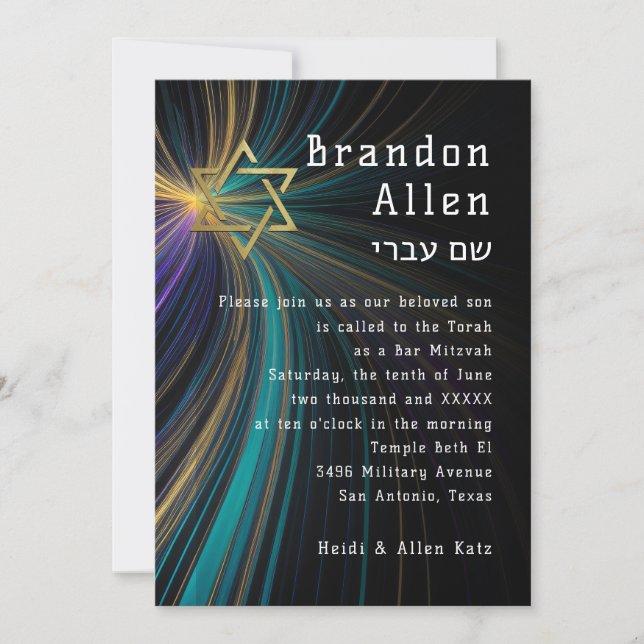 Bar Mitzvah Blue und Gold Rays Einladung (Vorderseite)