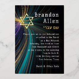 Bar Mitzvah Blue und Gold Rays Folieneinladung