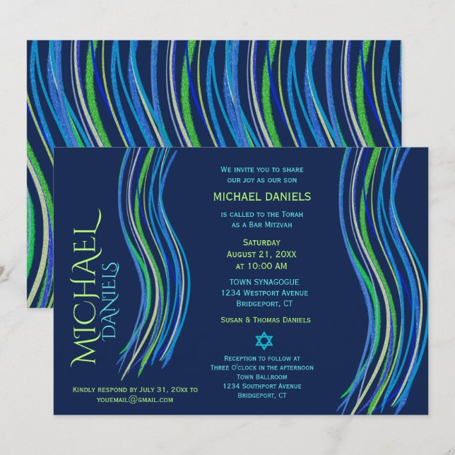 Bar Mitzvah Blue und Green Prayer Shawl Einladung (Vorne/Hinten)