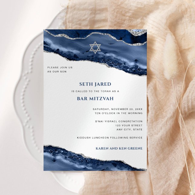 Bar Mitzvah Blue und Silver Agate Border Modern Einladung (Von Creator hochgeladen)