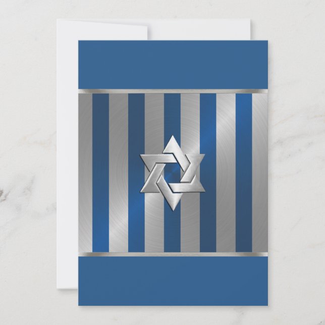 Bar Mitzvah Blue und Silver Stripe Star von David Einladung (Vorderseite)