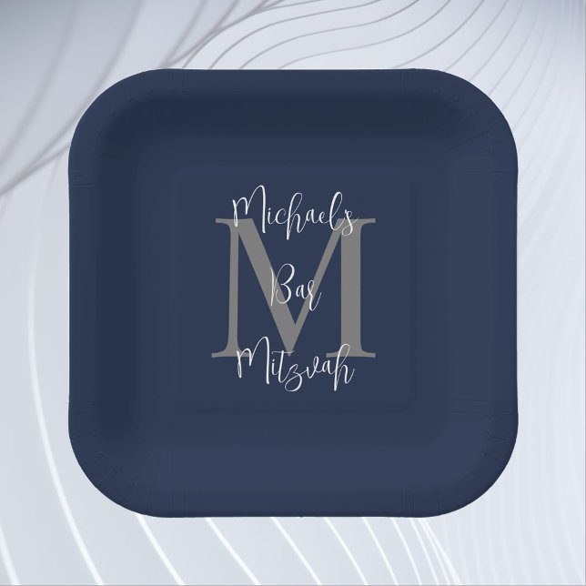 Bar Mitzvah Blue White Grey Name Monogram Pappteller (Von Creator hochgeladen)