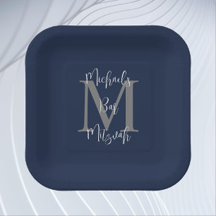 Bar Mitzvah Blue White Grey Name Monogram Pappteller