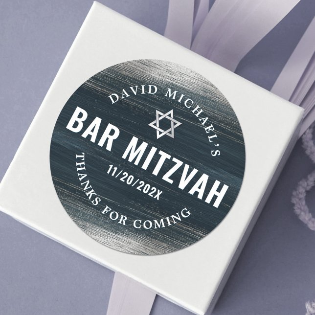 Bar Mitzvah Bold Modern Charcoal Gray Silver Foil Runder Aufkleber (Von Creator hochgeladen)
