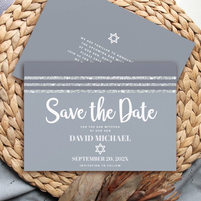 Bar Mitzvah Bold Modern Gray Silver Tallit Script Save The Date (Von Creator hochgeladen)