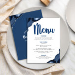 Bar Mitzvah Bold Modern Navy Blue Agate Script Menükarte<br><div class="desc">Seien Sie stolz, freuen Sie sich und präsentieren Sie diesen Meilenstein Ihres Lieblings-Bar Mitzvah mit einer Feier, auf die Sie stolz sein können! Lassen Sie sich von diesem atemberaubenden, modernen Menü mit Party verzaubern, das mit marineblauer Kalligraphie-Schrift, mutiger marineblau-weicher Typografie und Stahlblau-Age-Felsen mit silbernen Adern aus Imitaten und einem schlichten,...</div>