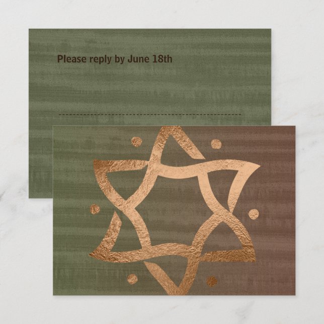 Bar Mitzvah Brown und Green Copper Star UAWG RSVP Karte (Vorne/Hinten)