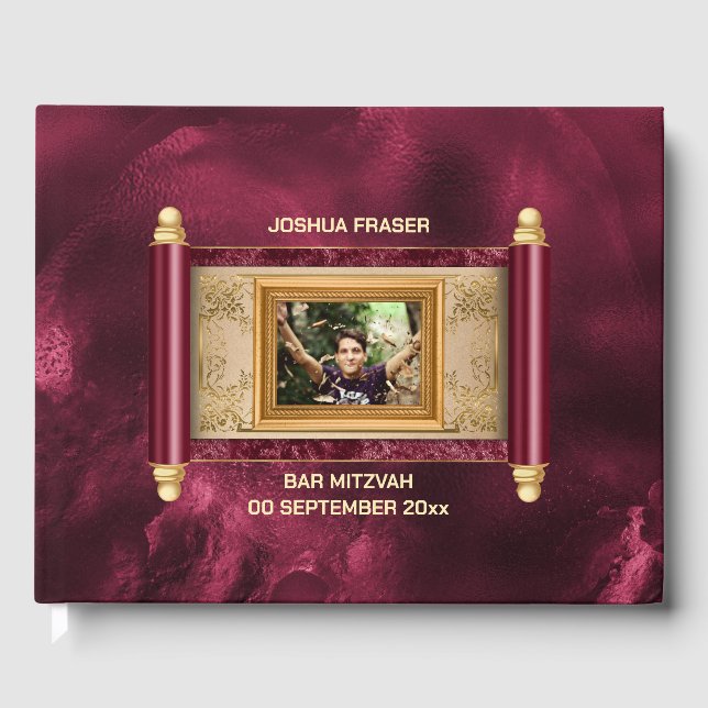 Bar mitzvah burgundy Marmor Goldrolle Foto Chic Gästebuch (Vorderseite)