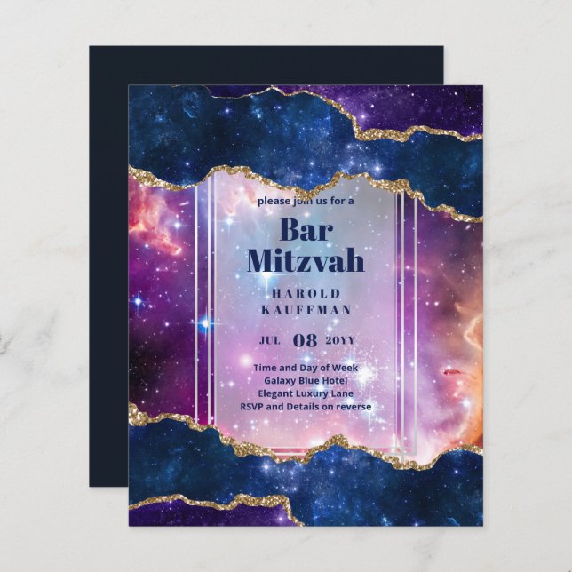 BAR MITZVAH CARDS Celestial Skies Blue Galaxy Gold (Vorne/Hinten)