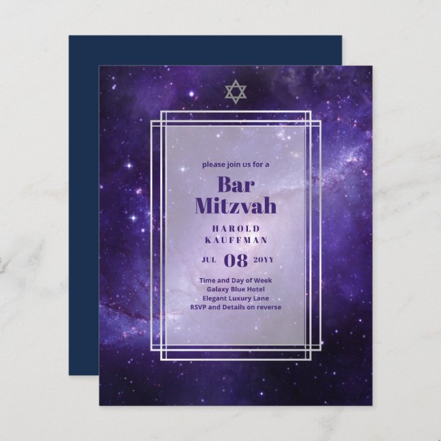 BAR MITZVAH CARDS Celestial Skies Blue Galaxy Gold (Vorne/Hinten)