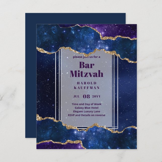 BAR MITZVAH CARDS Celestial Skies Blue Galaxy Gold (Vorne/Hinten)