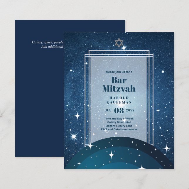 BAR MITZVAH CARDS Celestial Skies Blue Galaxy Gold (Vorne/Hinten)