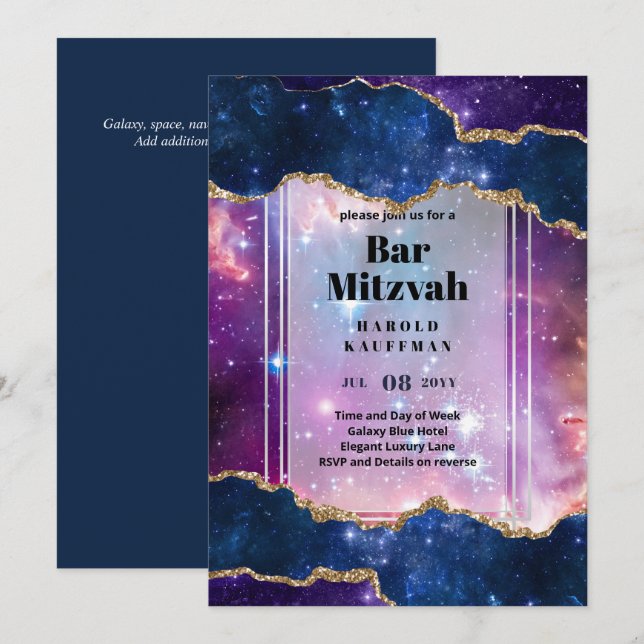 BAR MITZVAH CARDS Celestial Skies Blue Galaxy Gold Einladung (Vorne/Hinten)