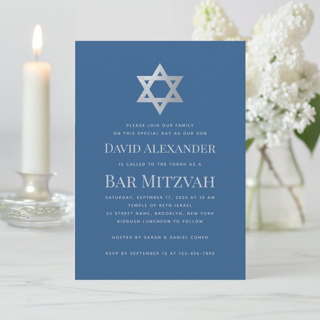 Bar Mitzvah Classic Blue Faux Silver Star of David Einladung (Von Creator hochgeladen)