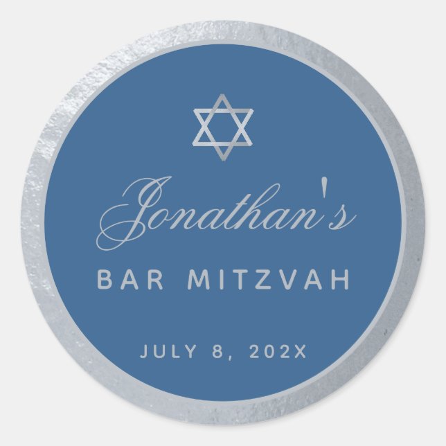 Bar Mitzvah Classic Blue Imitats Silver Gray Scrip Runder Aufkleber (Vorderseite)