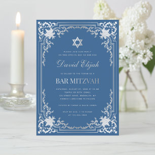 Bar Mitzvah Classic Blue Imitats Silver Star Vinta Einladung