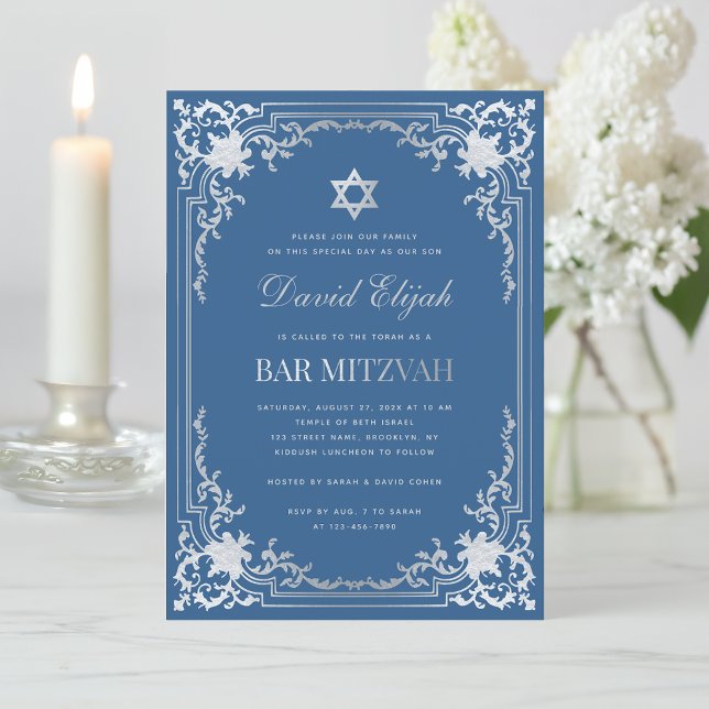 Bar Mitzvah Classic Blue Imitats Silver Star Vinta Einladung (Von Creator hochgeladen)